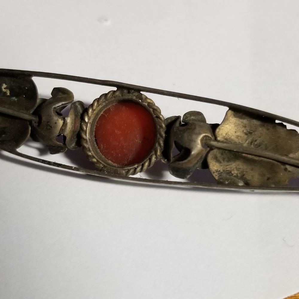 Antique bar pin arts and crafts style orange cabochon leaves - Picture 15 of 16